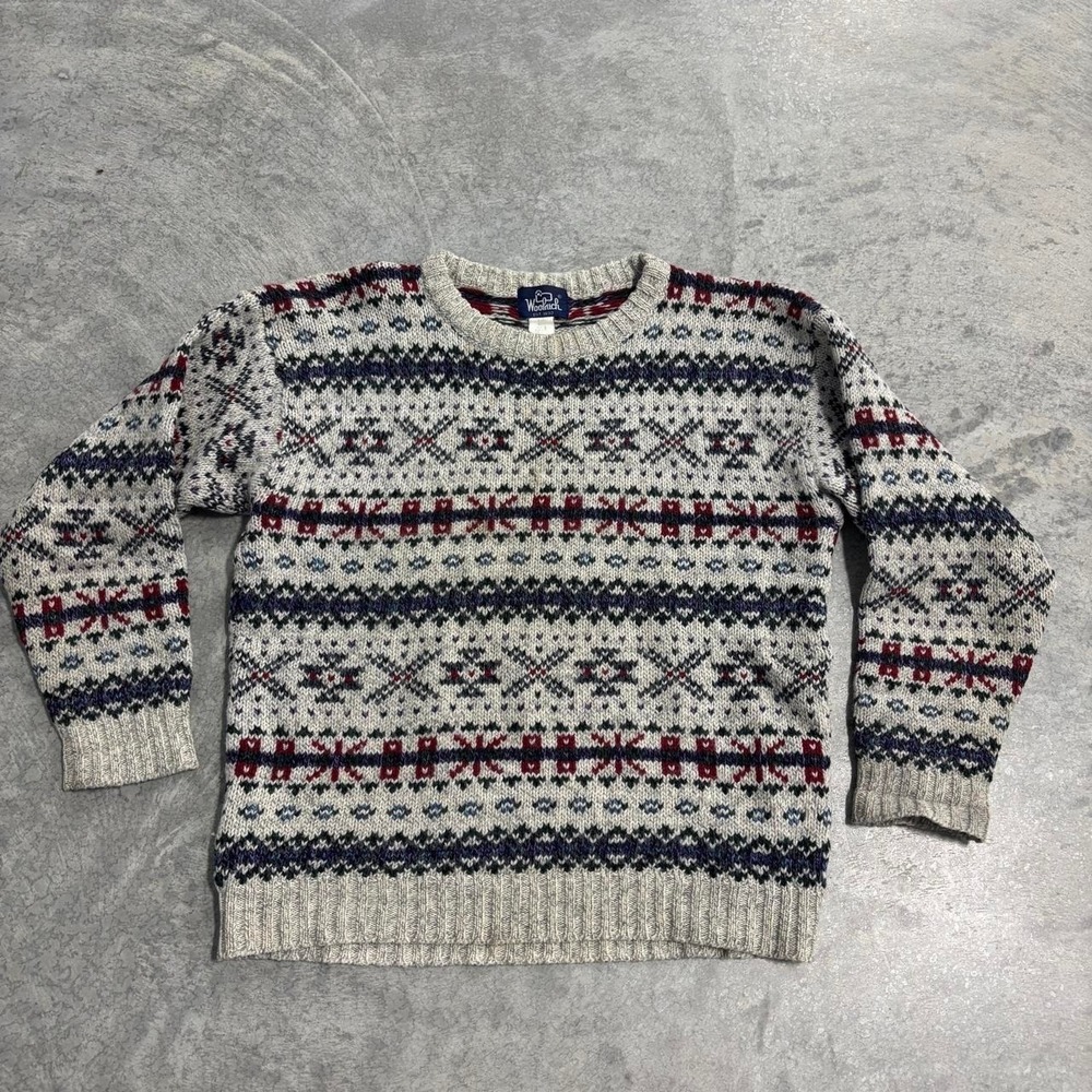 Vintage 90s Woolrich Wool Nylon Geometric Sweater Red Navy Beige Size L